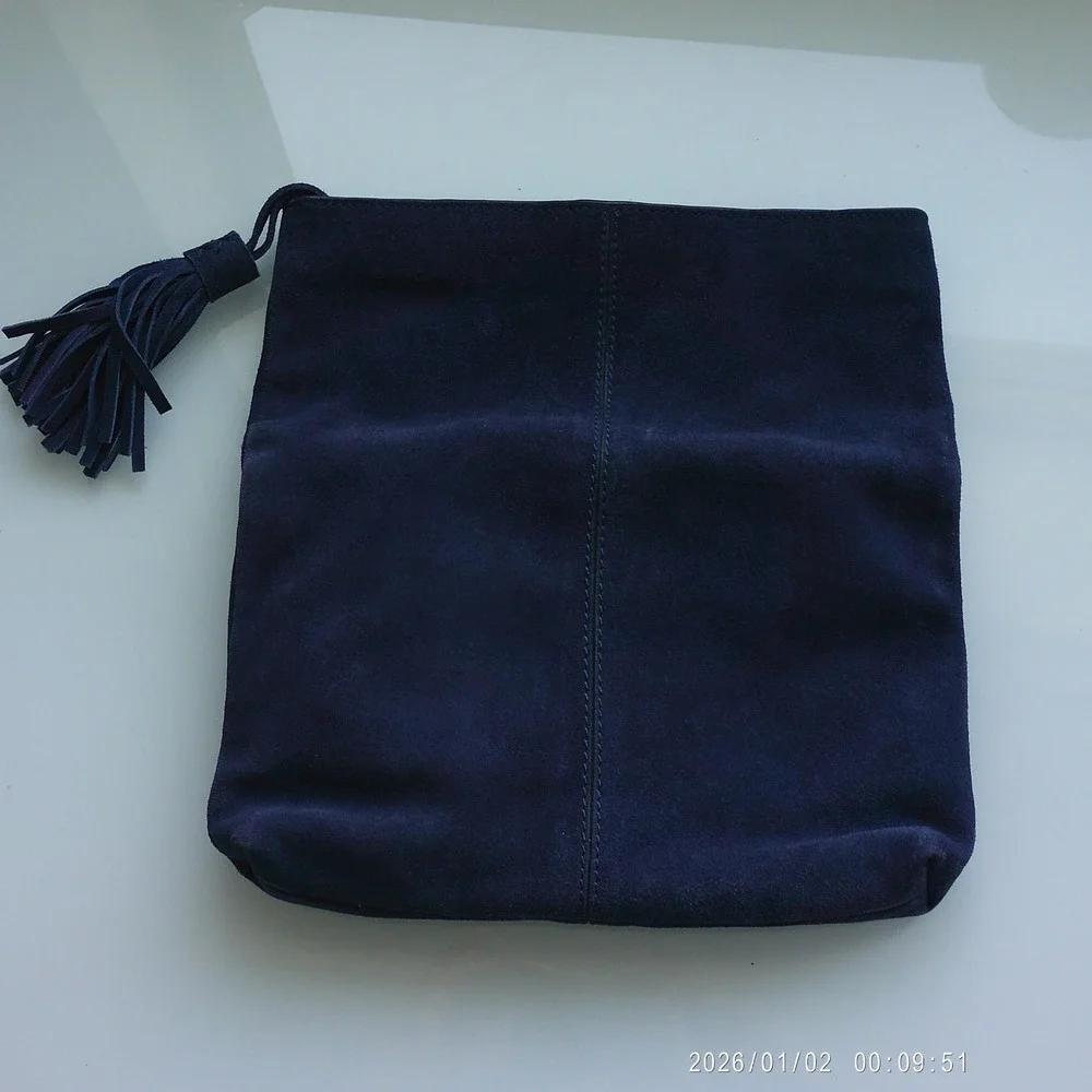 Leith Nordstrom 100% Leather Suede Boho Tassel Foldover Zipper Clutch OS Blue